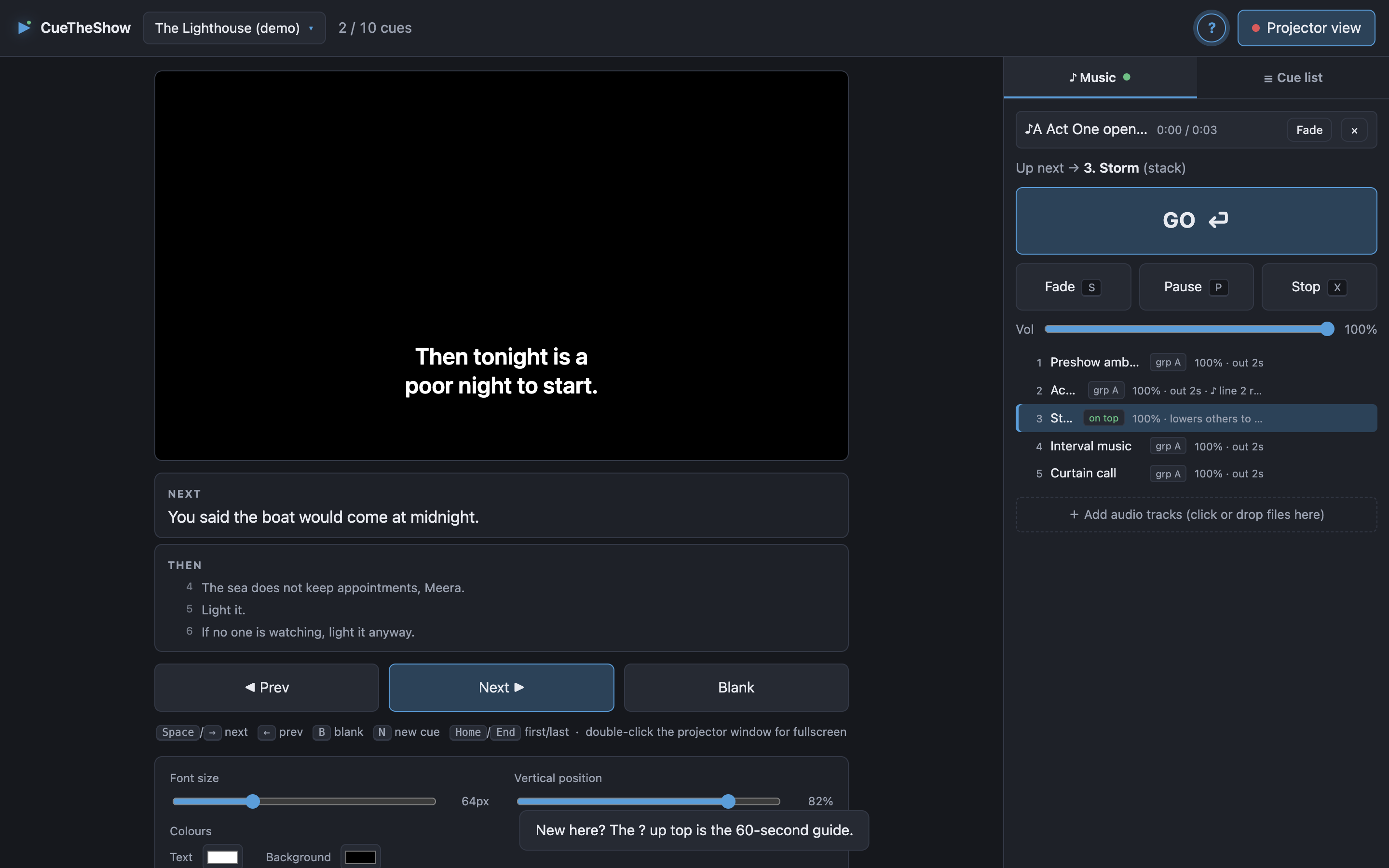The CueTheShow console mid-show: subtitle preview on the left, music cues with a GO button on the right