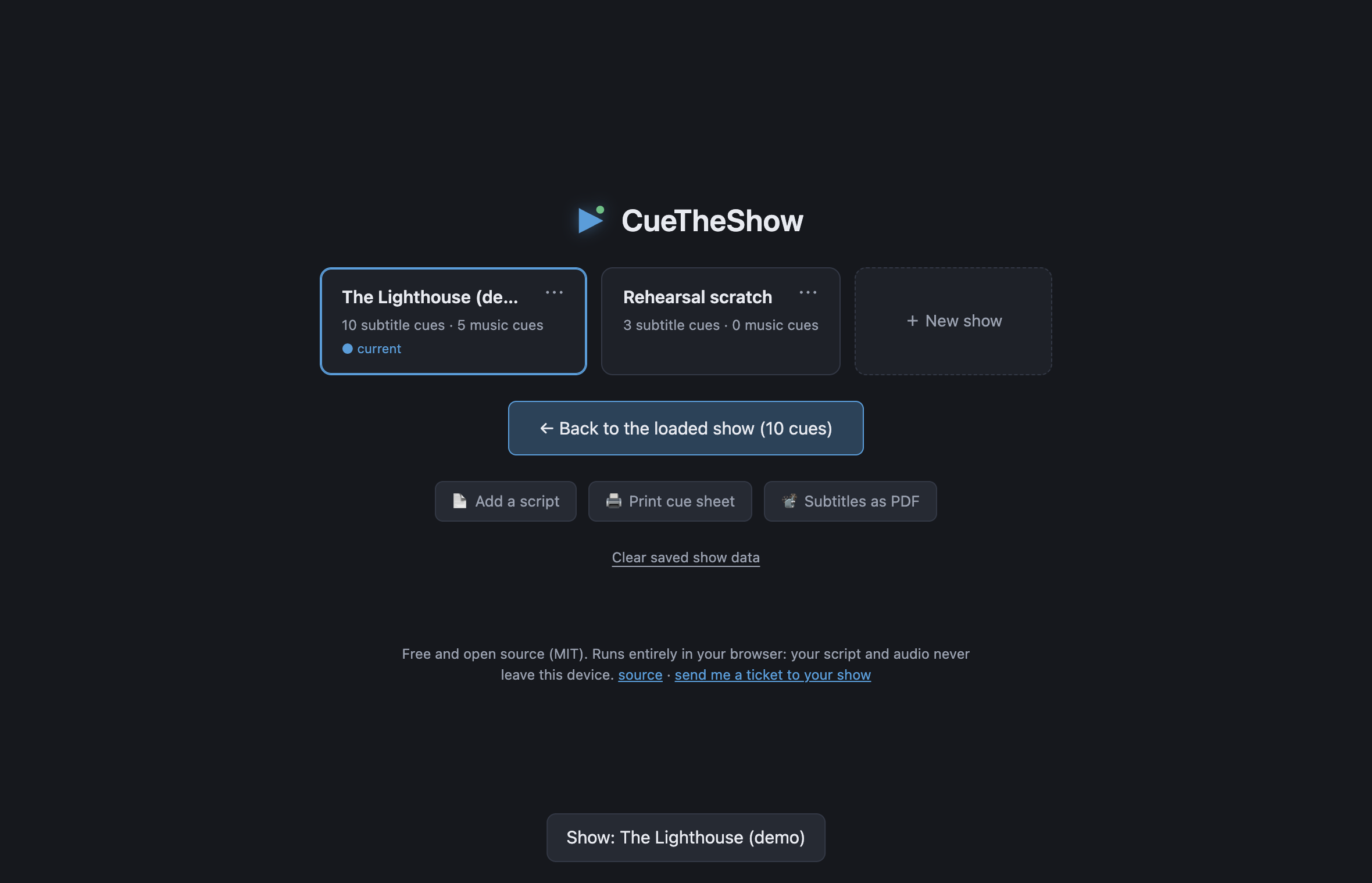 The opening screen: each show on its own card